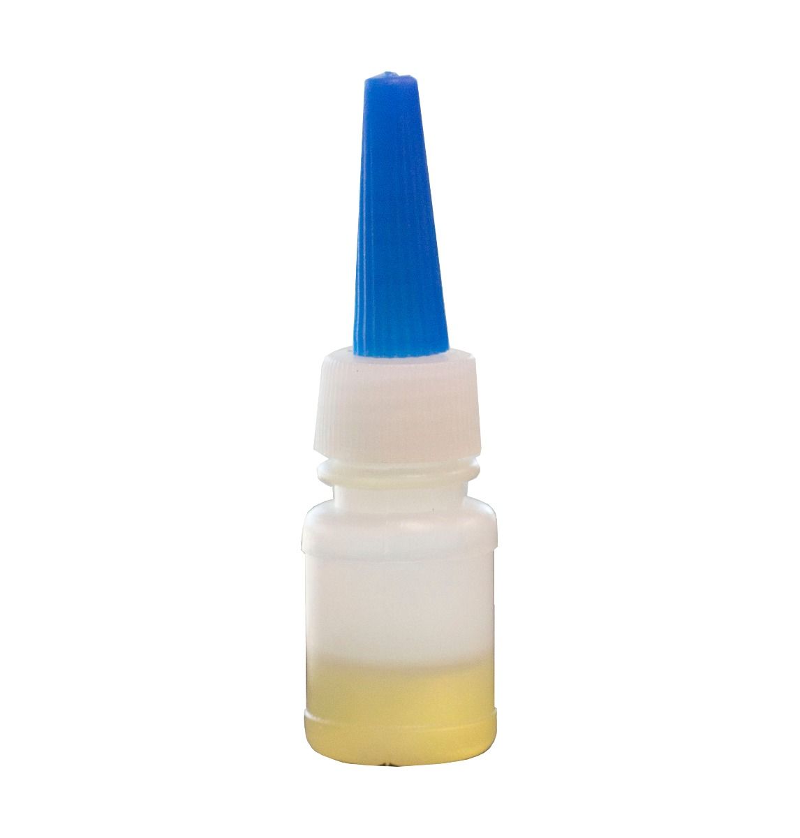 A translucent bottle of half-full immersion oil manufactured by saxon sealed with a blue lid.